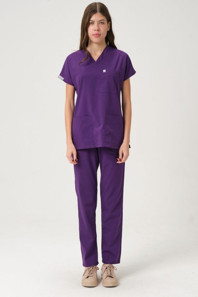 Mor Likralı Scrubs Doktor Hemşire Forması Yarasa Kol Takım Unisex M