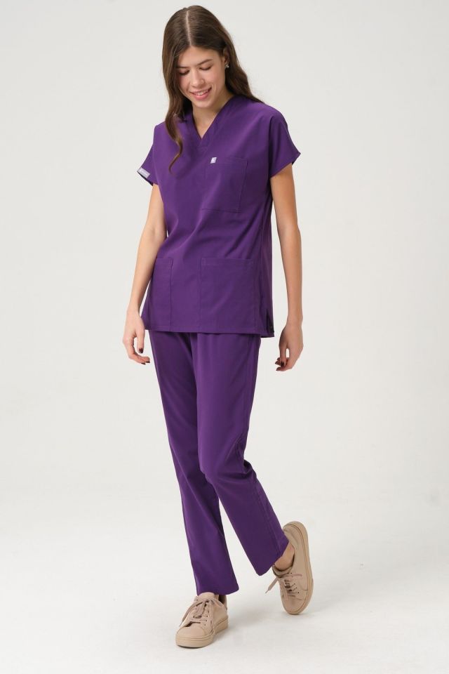 Mor Likralı Scrubs Doktor Hemşire Forması Yarasa Kol Takım Unisex L