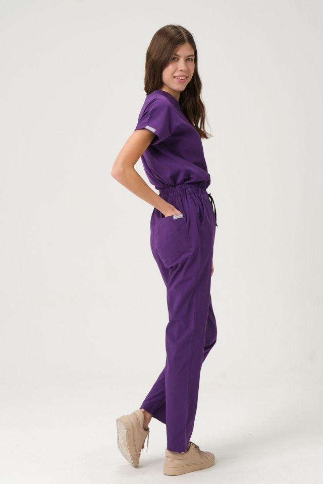 Mor Likralı Scrubs Doktor Hemşire Forması Yarasa Kol Takım Unisex XL
