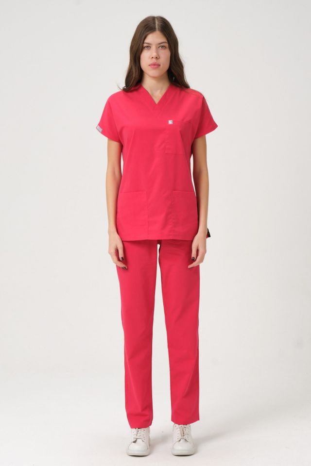 Nar Çiçeği Likralı Scrubs Doktor Hemşire Forması Yarasa Kol Takım Unisex 2XS