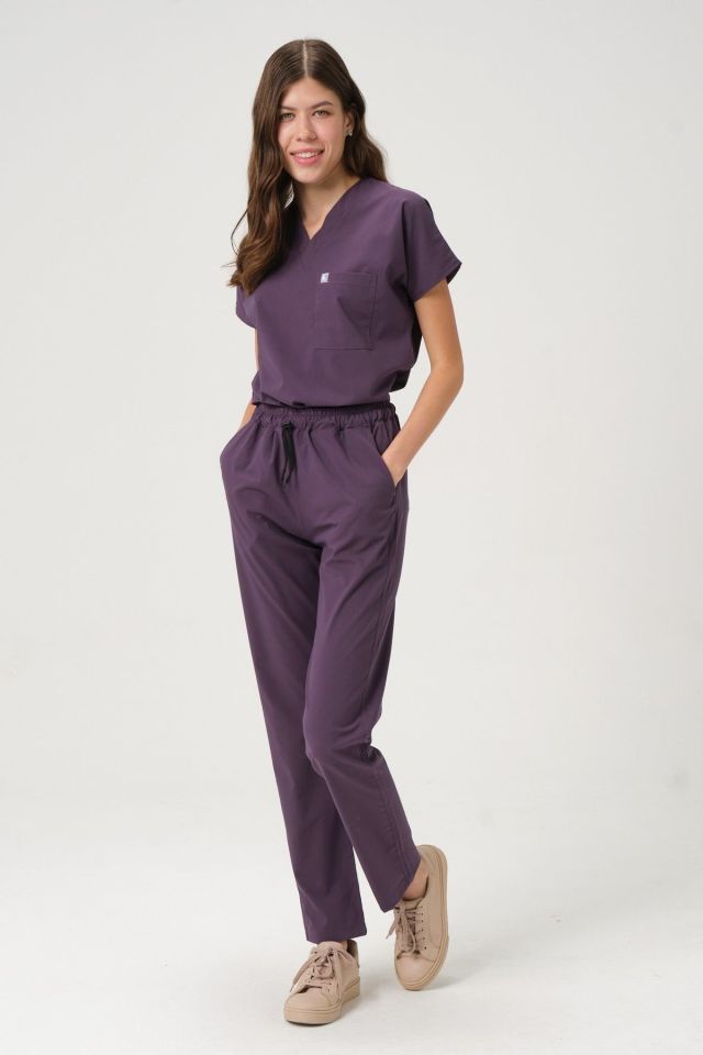 Mürdüm Likralı Scrubs Doktor Hemşire Forması Yarasa Kol Takım Unisex L