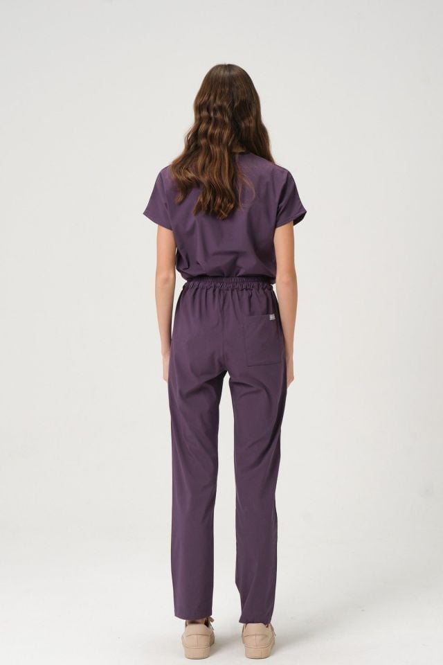 Mürdüm Likralı Scrubs Doktor Hemşire Forması Yarasa Kol Takım Unisex L