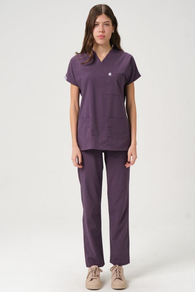 Mürdüm Likralı Scrubs Doktor Hemşire Forması Yarasa Kol Takım Unisex XL