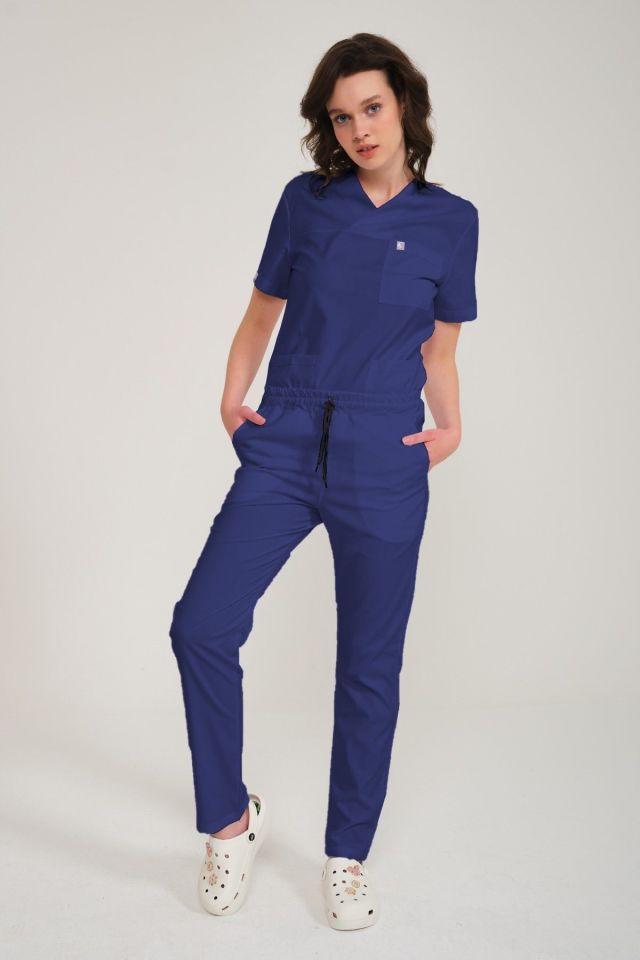 Fırtına Mavi Likralı Zarf Yaka Scrubs Doktor Hemşire Forması Takım
