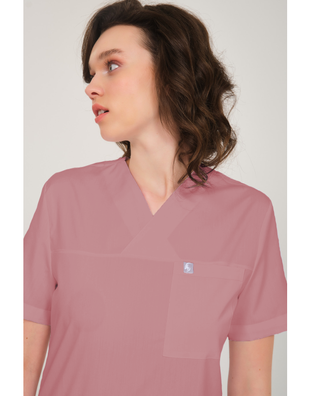 Gül Kurusu Likralı Zarf Yaka Scrubs Doktor Hemşire Forması Takım