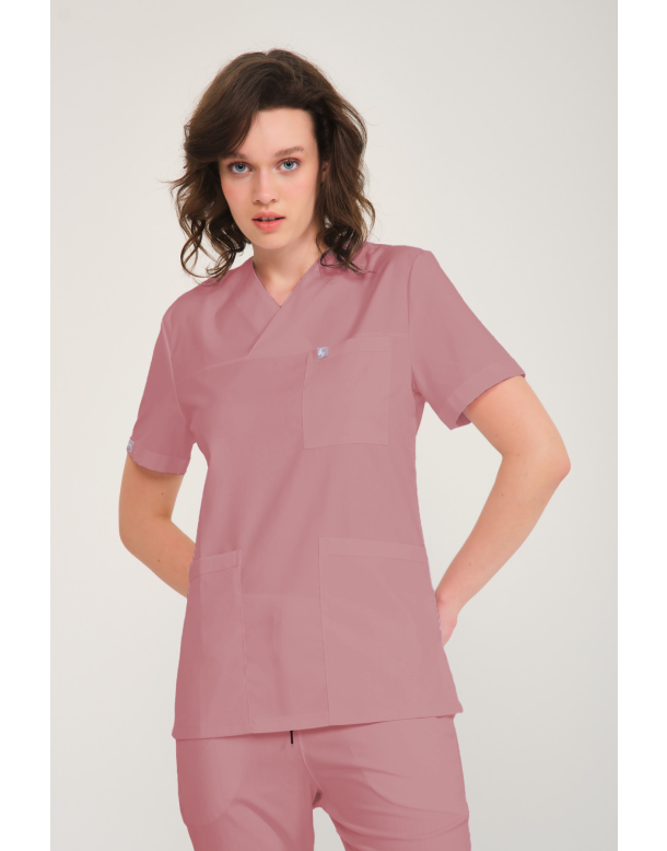 Gül Kurusu Likralı Zarf Yaka Scrubs Doktor Hemşire Forması Takım