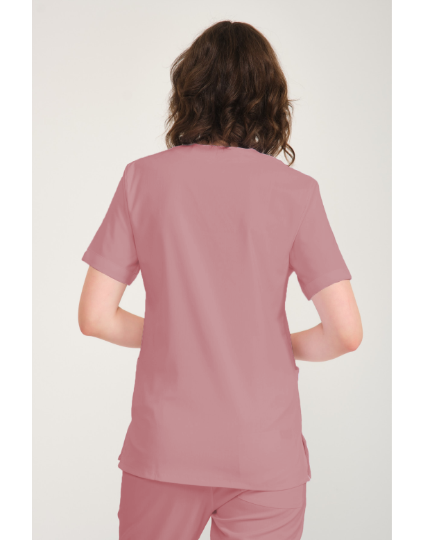 Gül Kurusu Likralı Zarf Yaka Scrubs Doktor Hemşire Forması Takım