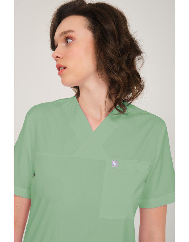 Çağla Yeşili Likralı Zarf Yaka Scrubs Doktor Hemşire Forması Takım