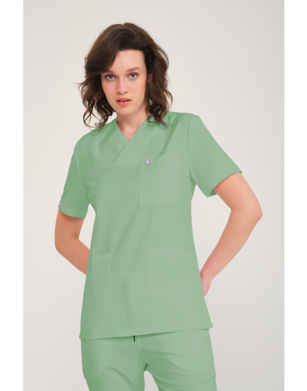Çağla Yeşili Likralı Zarf Yaka Scrubs Doktor Hemşire Forması Takım