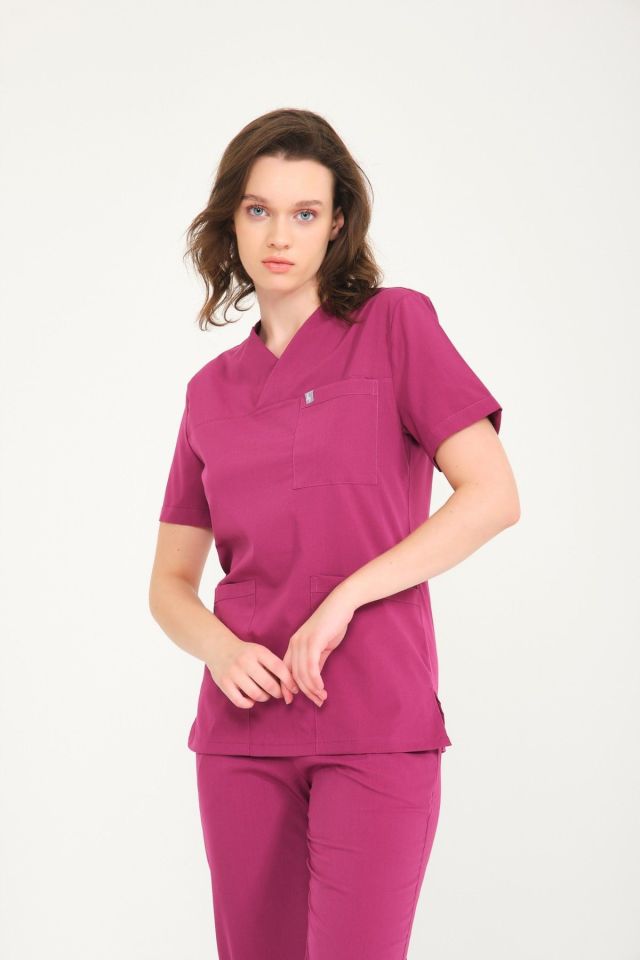 Vişne Likralı Zarf Yaka Scrubs Doktor Hemşire Forması Takım