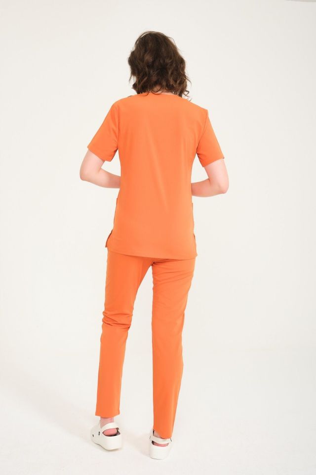 Somon Likralı Zarf Yaka Scrubs Doktor Hemşire Forması Takım