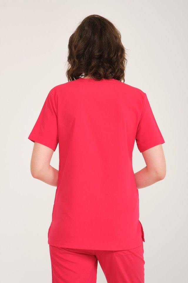 Nar Çiçeği Likralı Zarf Yaka Scrubs Doktor Hemşire Forması Takım