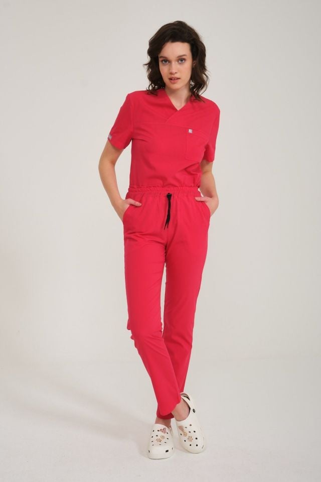 Nar Çiçeği Likralı Zarf Yaka Scrubs Doktor Hemşire Forması Takım