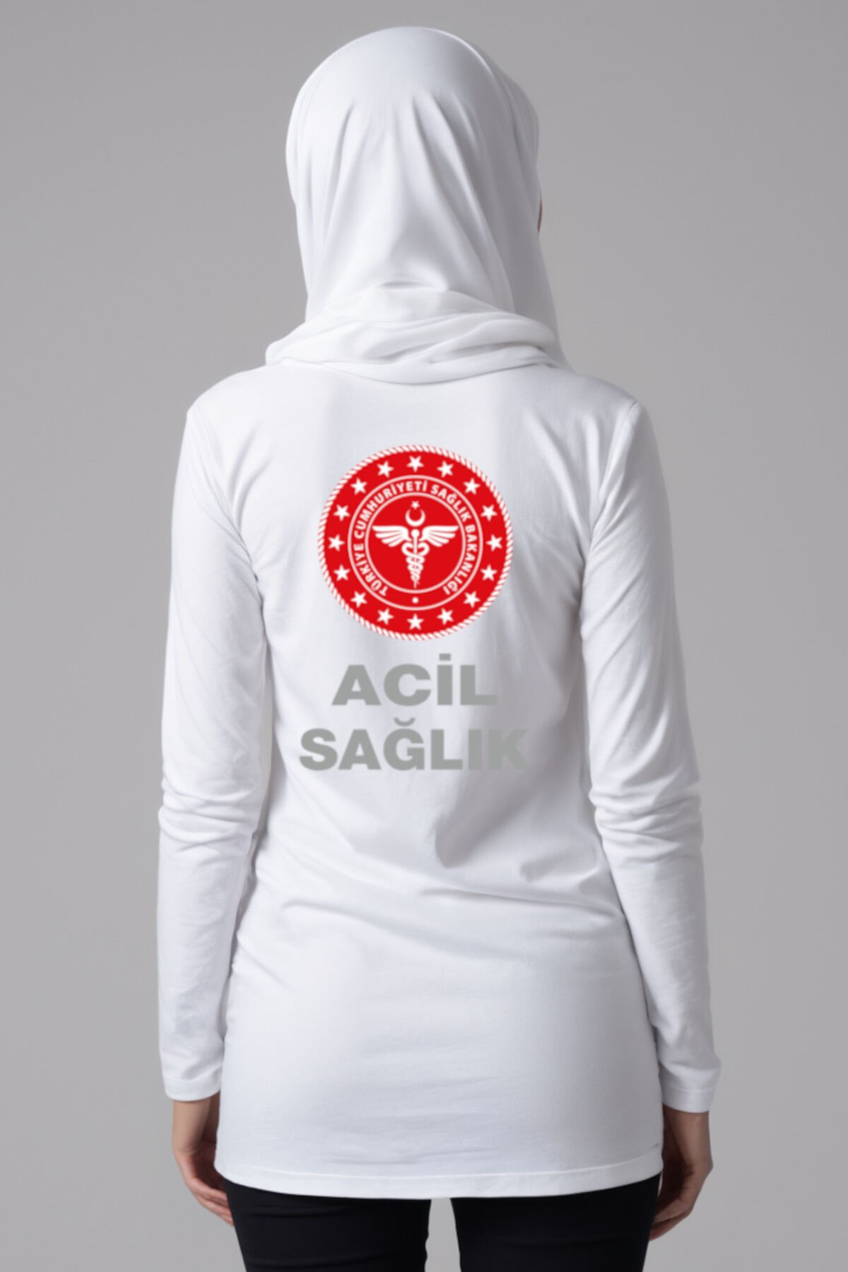 Beyaz 112 Acil Sağlık Tesettür Bisiklet Yaka Uzun Boy Penye Tişört