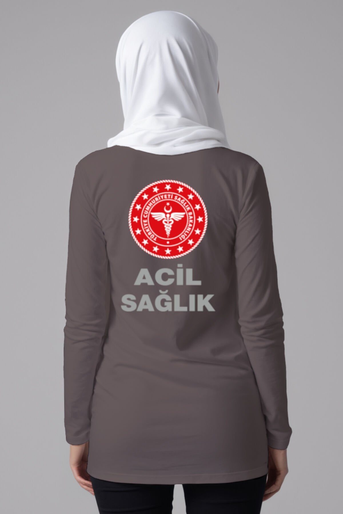 Gri 112 Acil Sağlık Tesettür Bisiklet Yaka Uzun Boy Penye Tişört