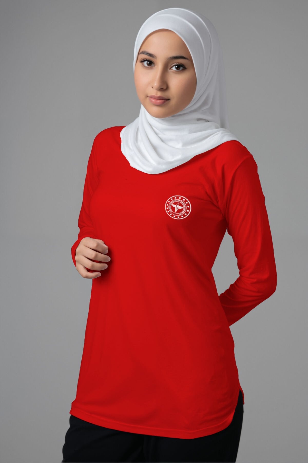 Kırmızı 112 Acil Sağlık Tesettür Bisiklet Yaka Uzun Boy Penye Tişört