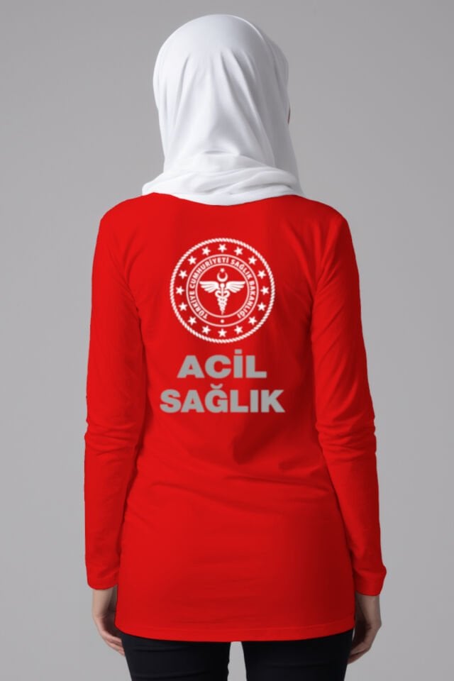Kırmızı 112 Acil Sağlık Tesettür Uzun Boy Tişört