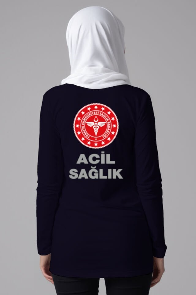 Lacivert 112 Acil Sağlık Tesettür Bisiklet Yaka Uzun Boy Penye Tişört