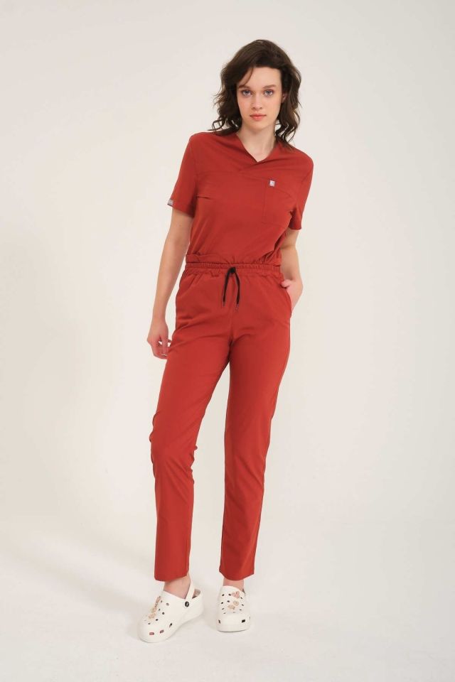 Kiremit Likralı Zarf Yaka Scrubs Doktor Hemşire Forması Takım