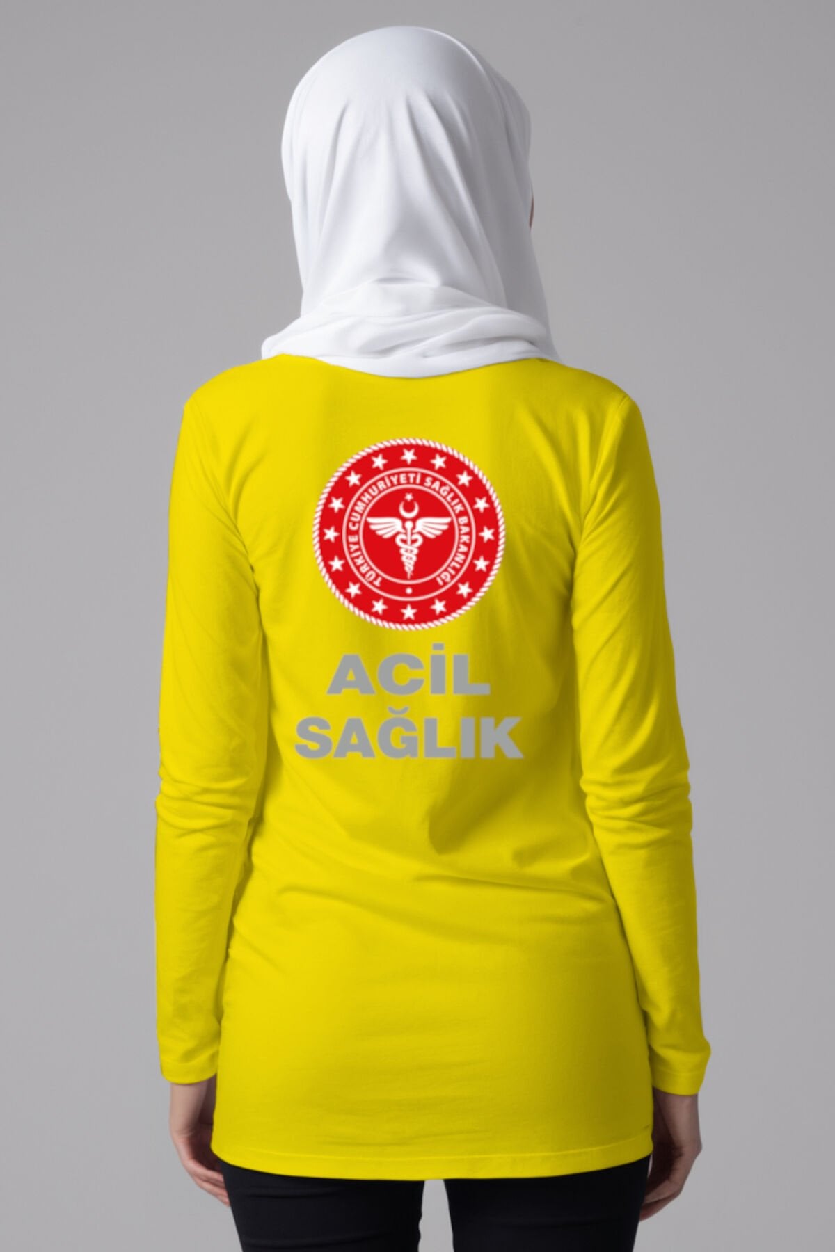 Sarı 112 Acil Sağlık Tesettür Bisiklet Yaka Uzun Boy Penye Tişört