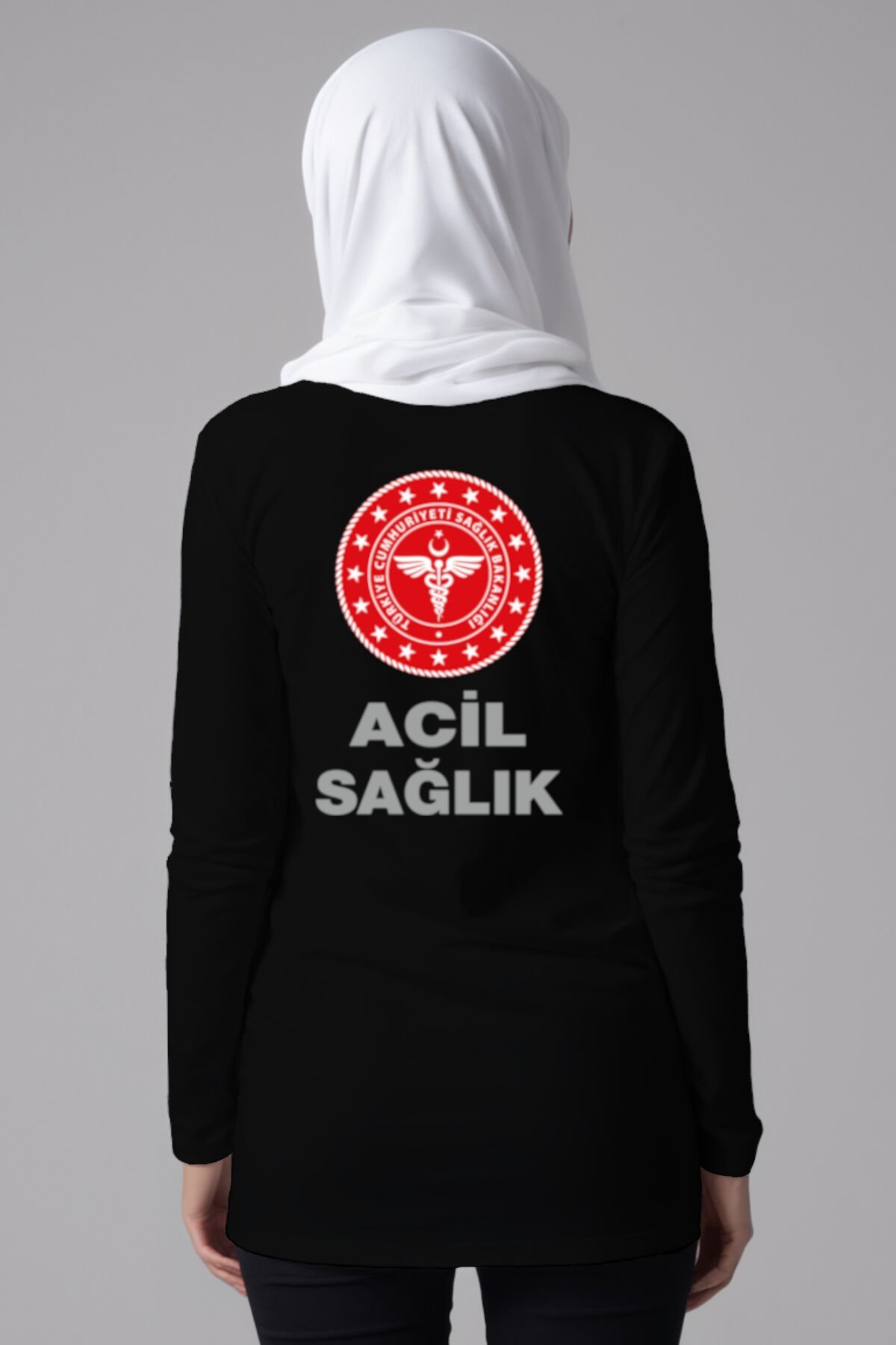 Siyah 112 Acil Sağlık Tesettür Bisiklet Yaka Uzun Boy Penye Tişört