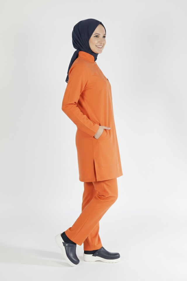 Somon Likralı Tesettür Scrubs Doktor Hemşire Forması Takım