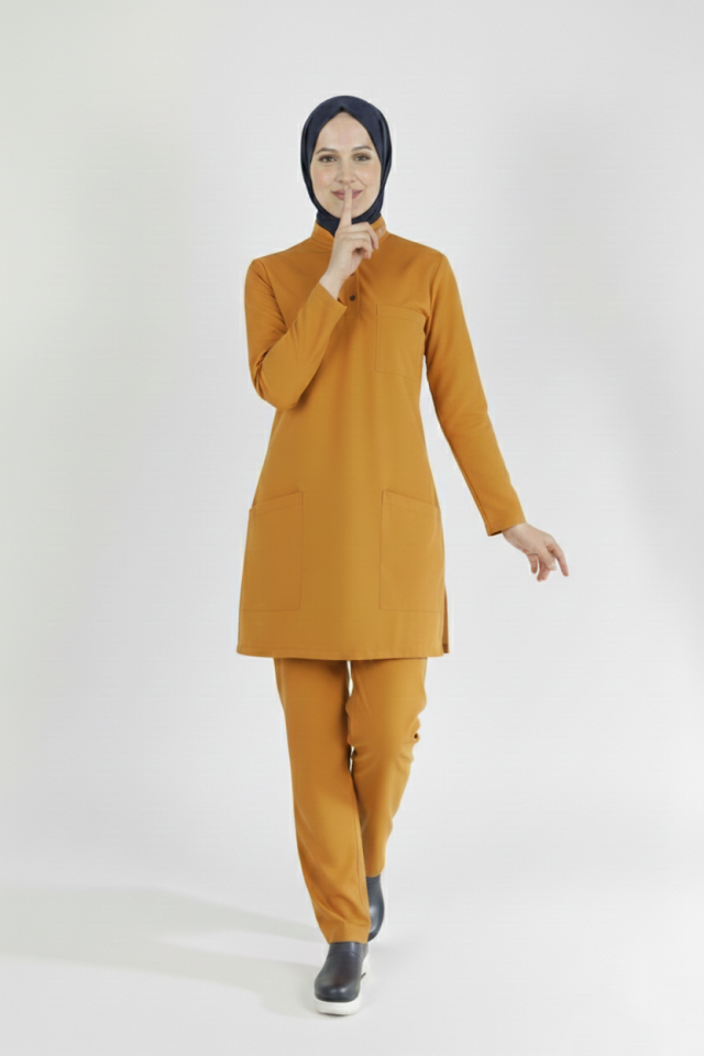 Hardal Likralı Tesettür Scrubs Doktor Hemşire Forması Takım