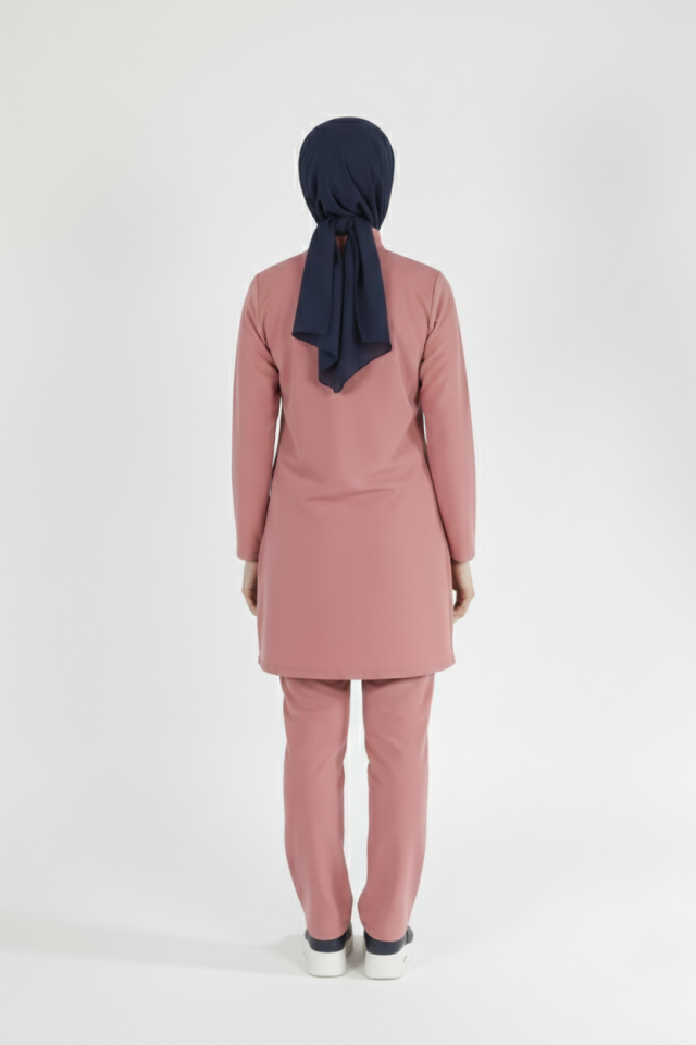 Gül Kurusu Likralı Tesettür Scrubs Doktor Hemşire Forması Takım