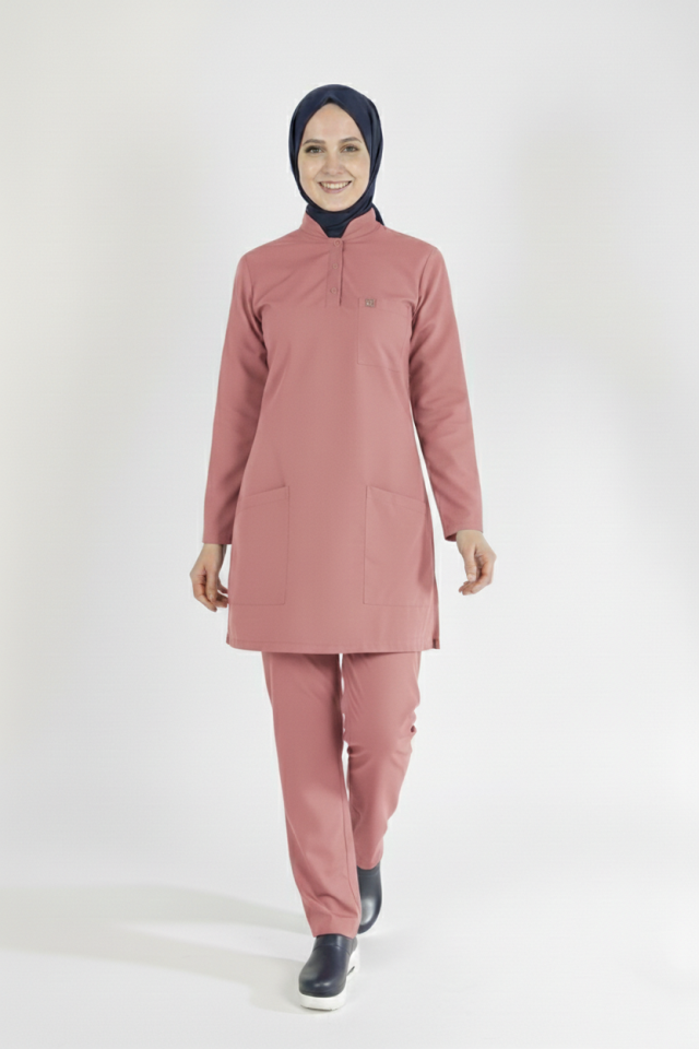 Gül Kurusu Likralı Tesettür Scrubs Doktor Hemşire Forması Takım