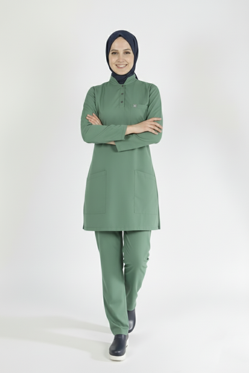 Çağla Yeşili Likralı Tesettür Scrubs Doktor Hemşire Forması Takım