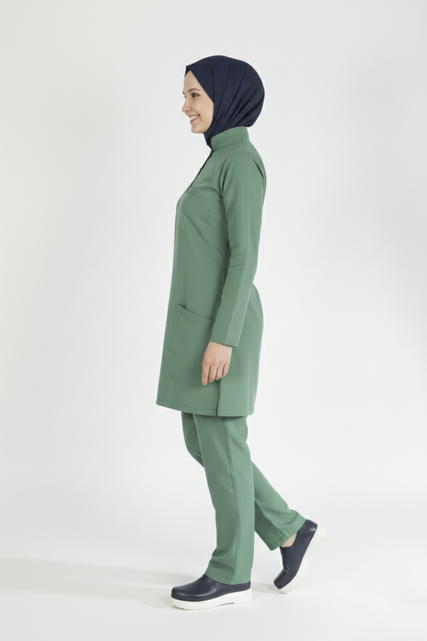 Çağla Yeşili Likralı Tesettür Scrubs Doktor Hemşire Forması Takım