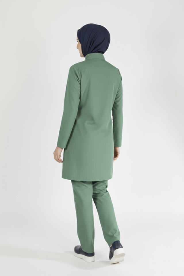 Çağla Yeşili Likralı Tesettür Scrubs Doktor Hemşire Forması Takım