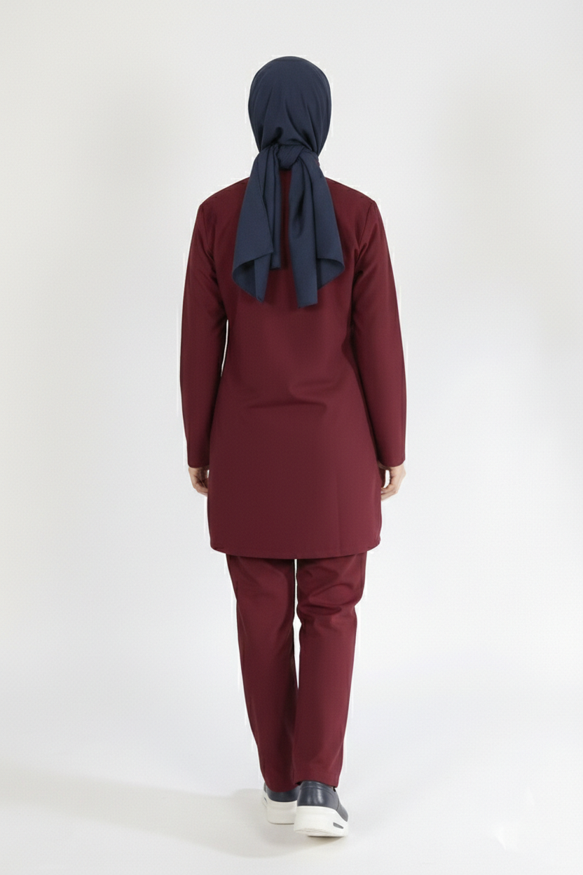 Bordo Likralı Tesettür Scrubs Doktor Hemşire Forması Takım