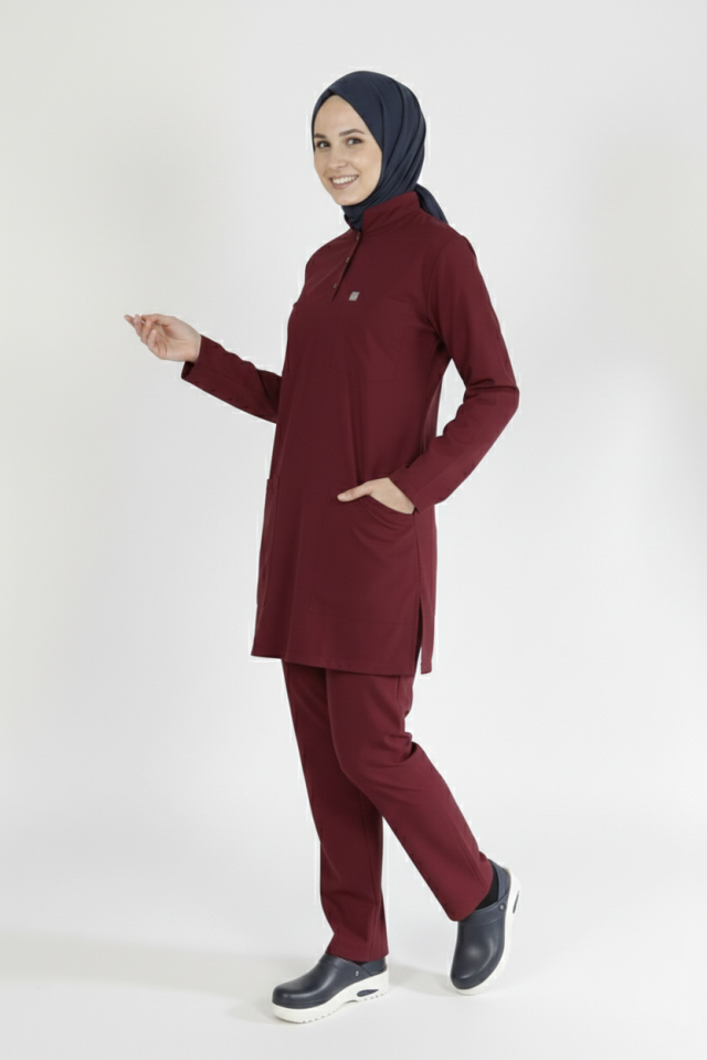 Bordo Likralı Tesettür Scrubs Doktor Hemşire Forması Takım
