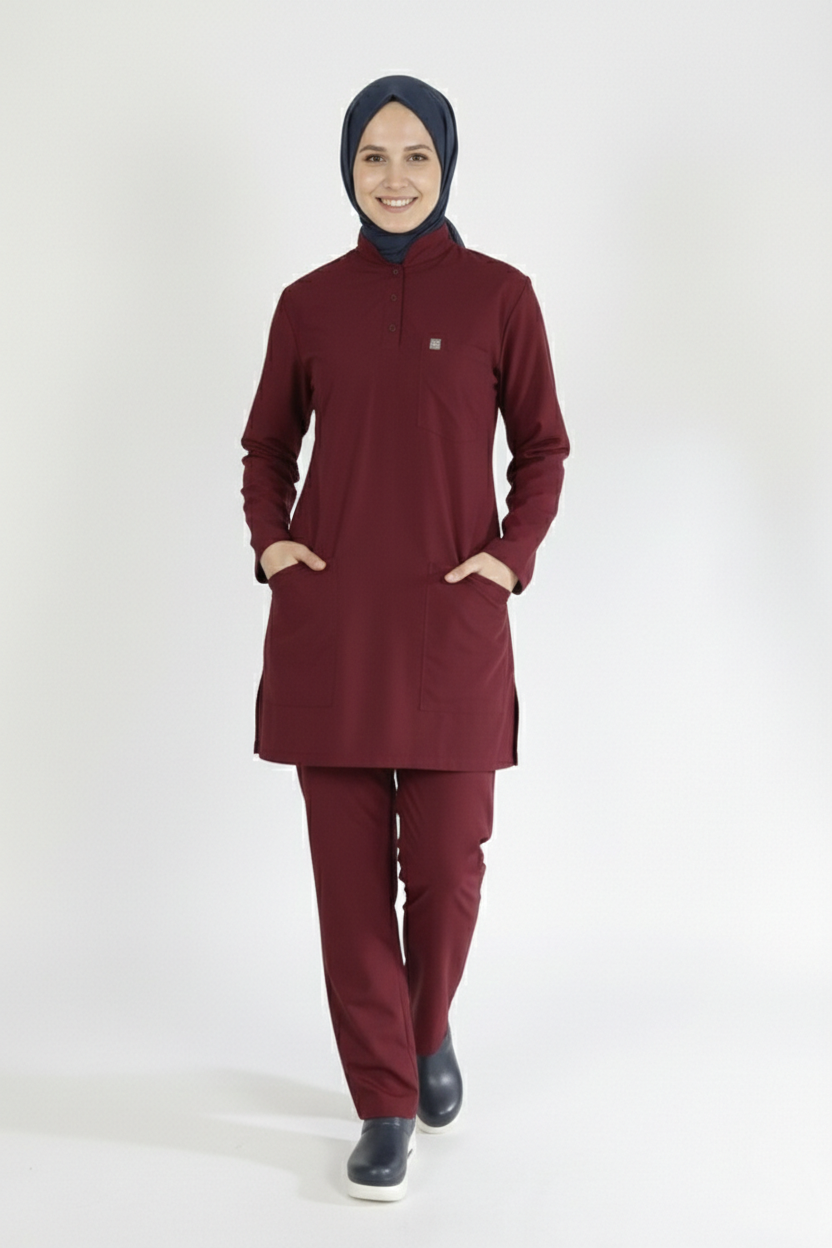Bordo Likralı Tesettür Scrubs Doktor Hemşire Forması Takım