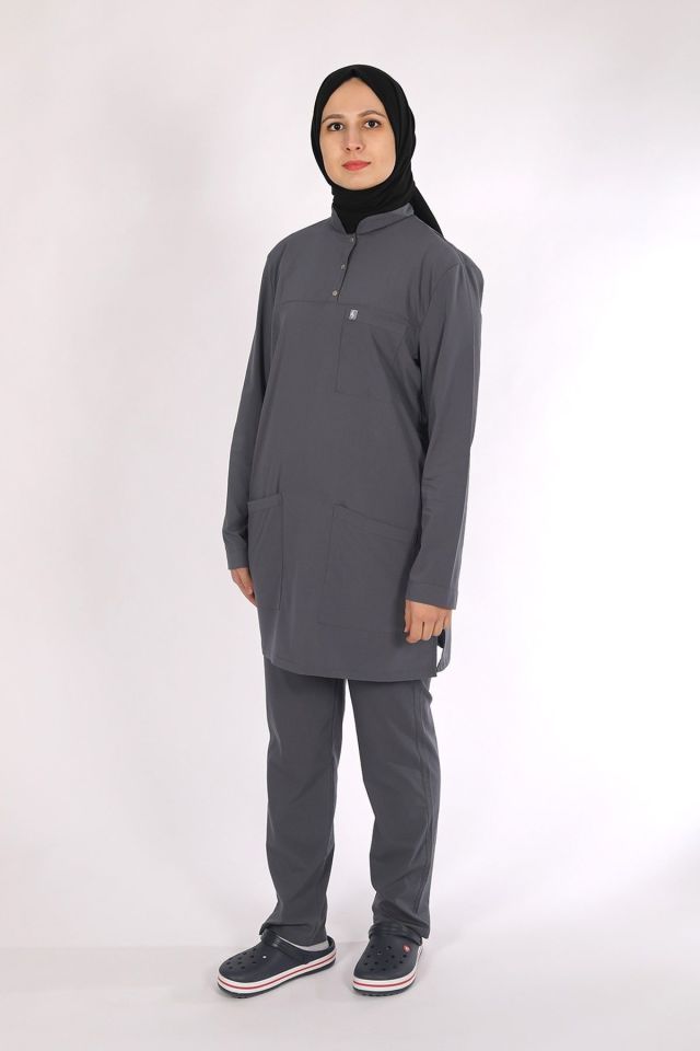 Füme Likralı Tesettür Scrubs Doktor Hemşire Forması Takım