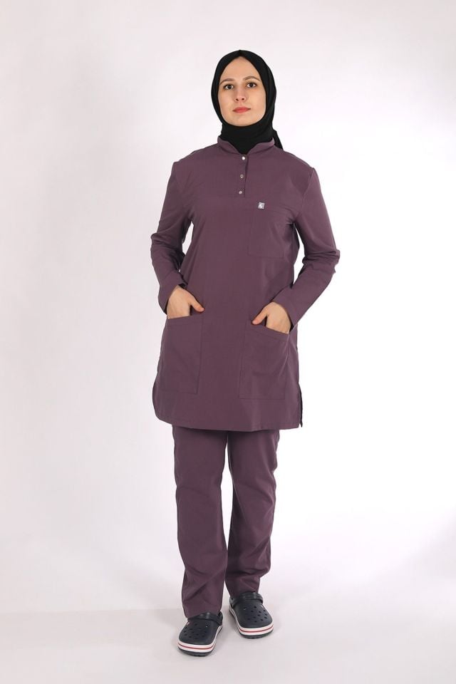 Mürdüm Likralı Tesettür Scrubs Doktor Hemşire Forması Takım