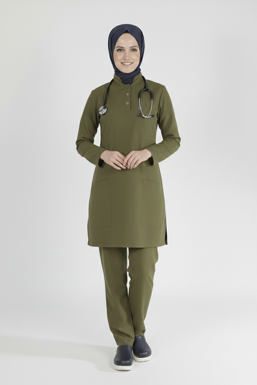Haki Likralı Tesettür Scrubs Doktor Hemşire Forması Takım