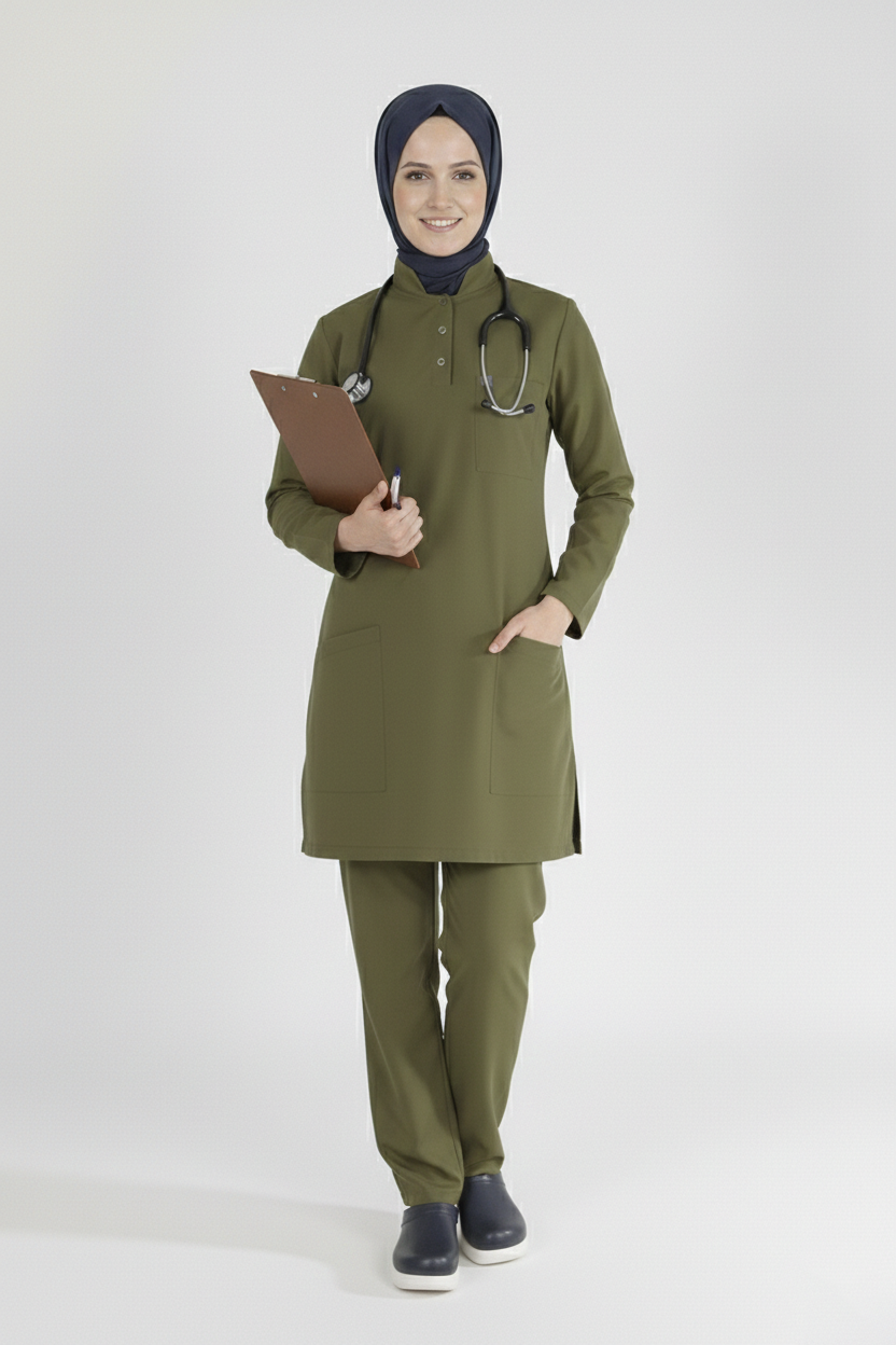 Haki Likralı Tesettür Scrubs Doktor Hemşire Forması Takım