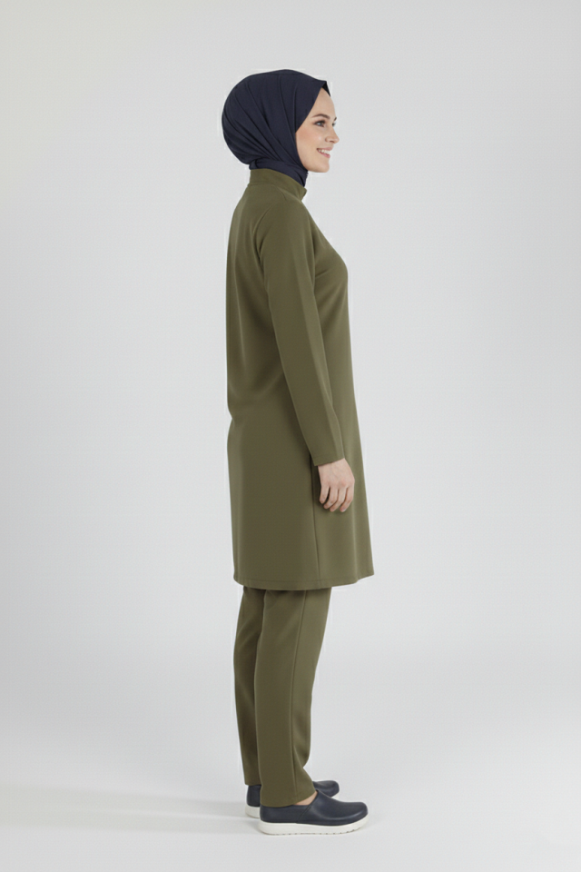 Haki Likralı Tesettür Scrubs Doktor Hemşire Forması Takım