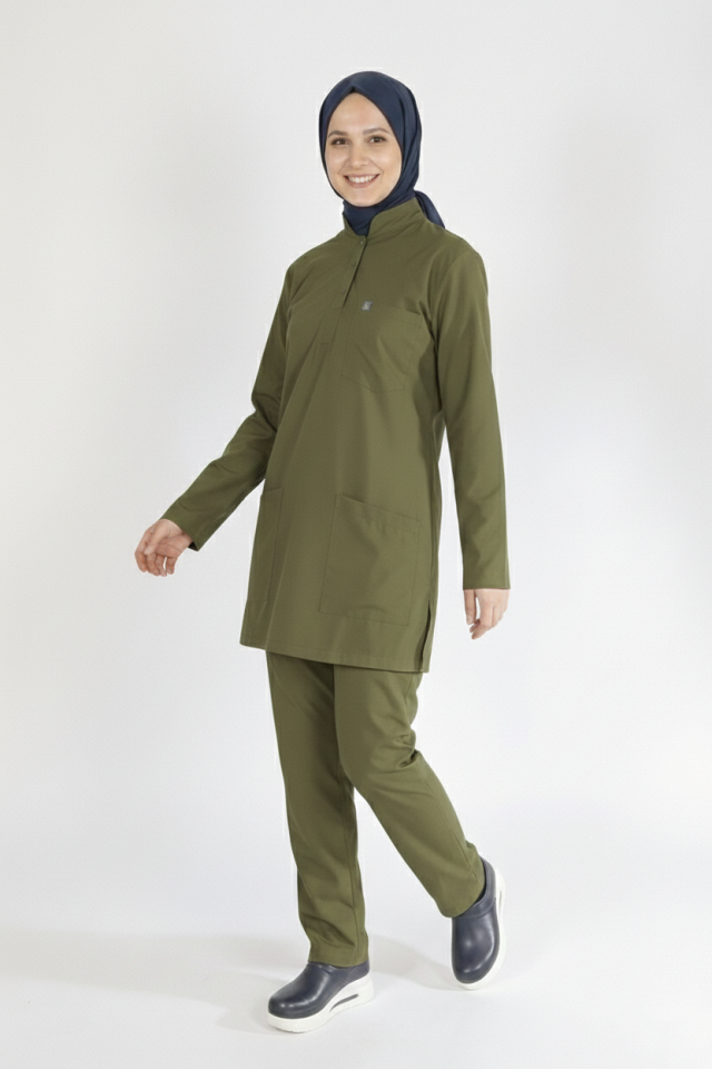 Haki Likralı Tesettür Scrubs Doktor Hemşire Forması Takım