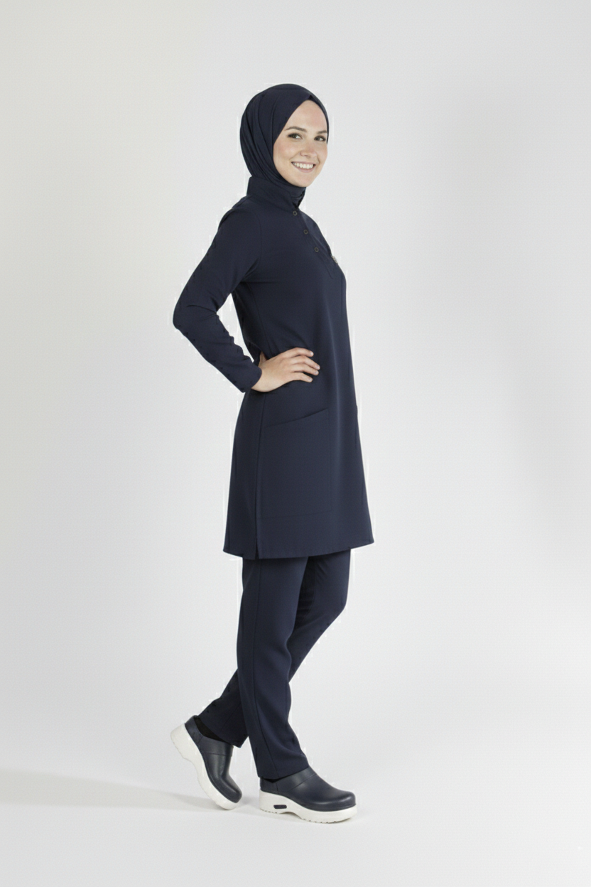Lacivert Likralı Tesettür Scrubs Doktor Hemşire Forması Takım