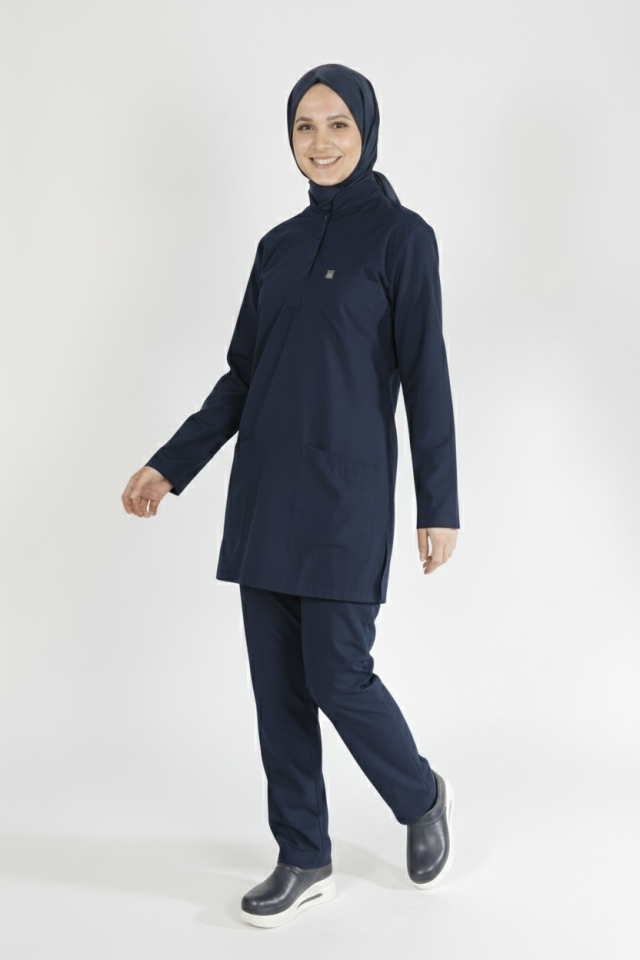 Lacivert Likralı Tesettür Scrubs Doktor Hemşire Forması Takım