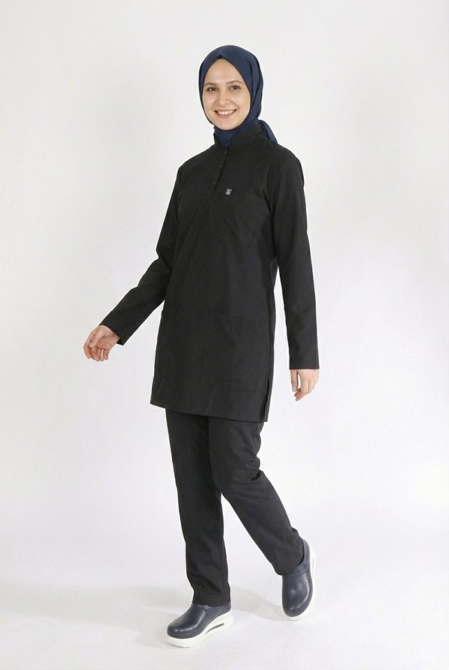 Siyah Likralı Tesettür Scrubs Doktor Hemşire Forması Takım