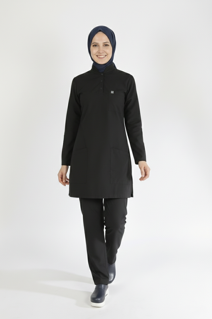 Siyah Likralı Tesettür Scrubs Doktor Hemşire Forması Takım