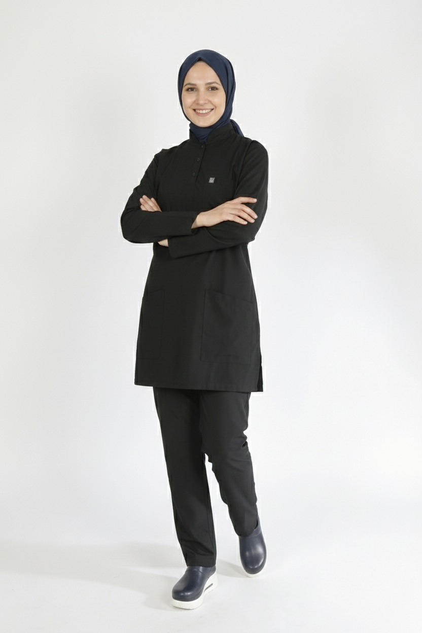 Siyah Likralı Tesettür Scrubs Doktor Hemşire Forması Takım
