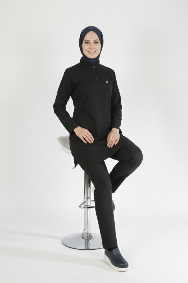 Siyah Likralı Tesettür Scrubs Doktor Hemşire Forması Takım