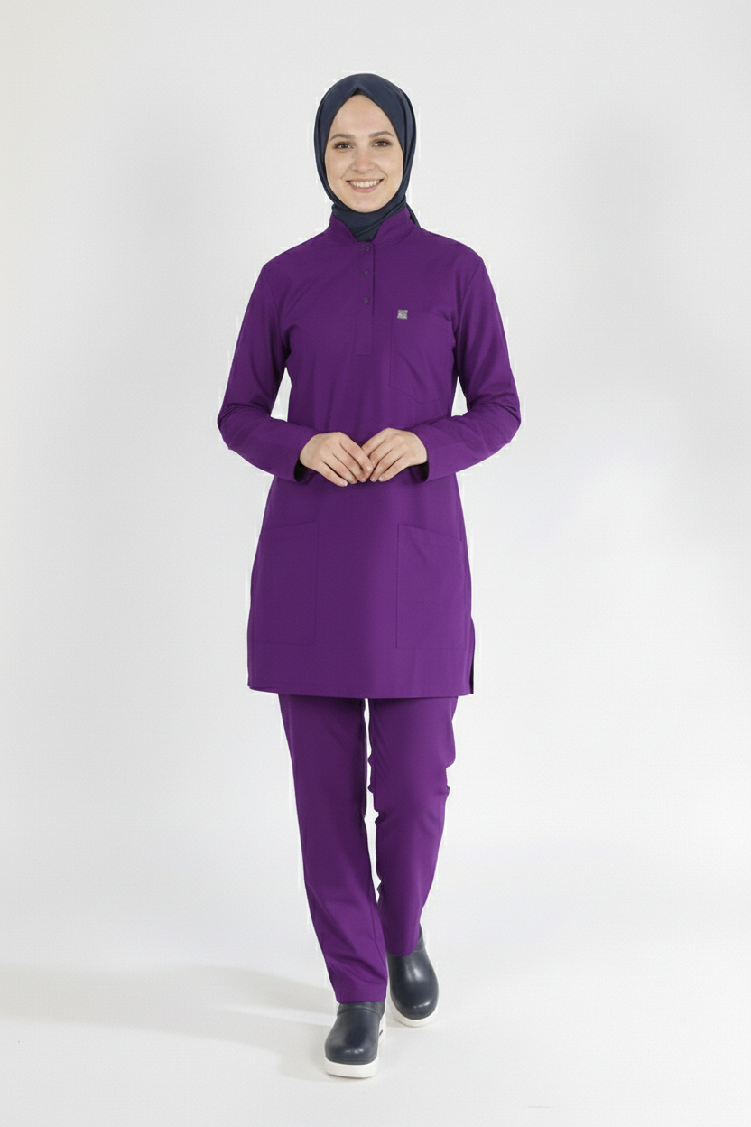 Mor Likralı Tesettür Scrubs Doktor Hemşire Forması Takım