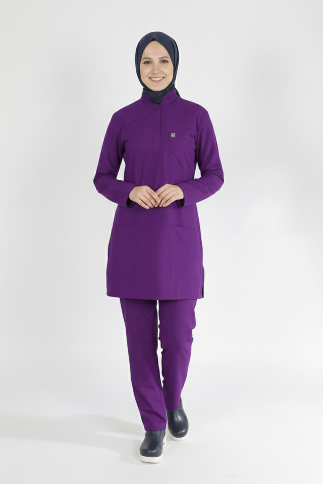 Mor Likralı Tesettür Scrubs Doktor Hemşire Forması Takım