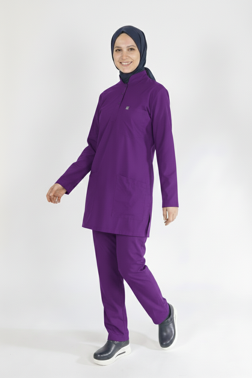 Mor Likralı Tesettür Scrubs Doktor Hemşire Forması Takım